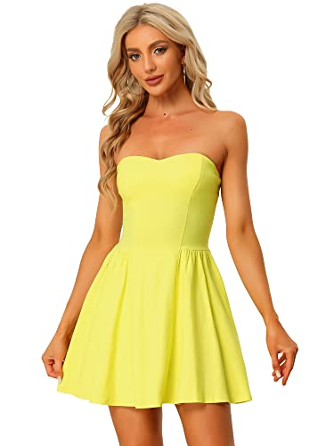 Allegra K Damen Kleid Sexy Trägerlos Schulterfrei A-Linie Party Rüschen Elegant Minikleid Gelb S von Allegra K