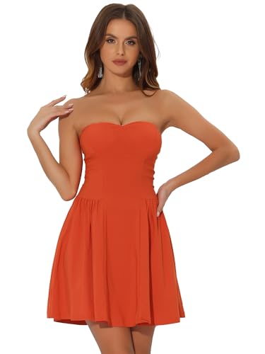 Allegra K Damen Kleid Sexy Trägerlos Schulterfrei A-Linie Party Rüschen Elegant Minikleid Orange S von Allegra K