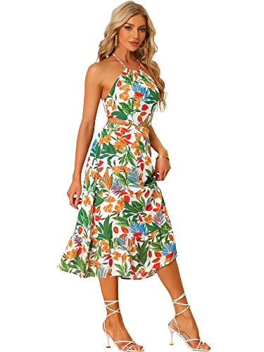 Allegra K Damen Kleid Sommer Blumen Neckholder Ausschnitt Boho Midikleid Weiß XS von Allegra K