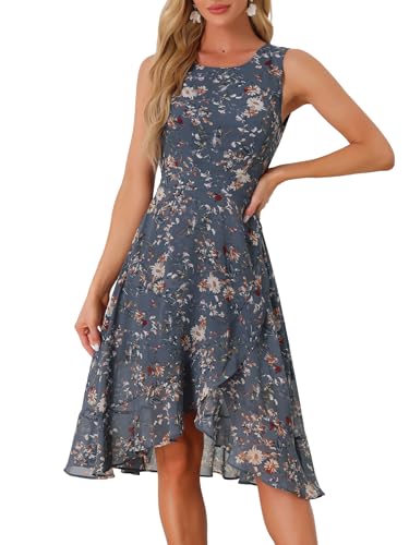 Allegra K Damen Kleid Sommerkleid Ärmellos Rundhalsausschnitt Rüschensaum Blumen Minikleid Blau Grau M von Allegra K
