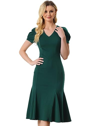 Allegra K Damen Kleid V-Ausschnitt Puffärmel Elegantes Meerjungfrauenkleid Midikleid Dunkelgrün XL von Allegra K