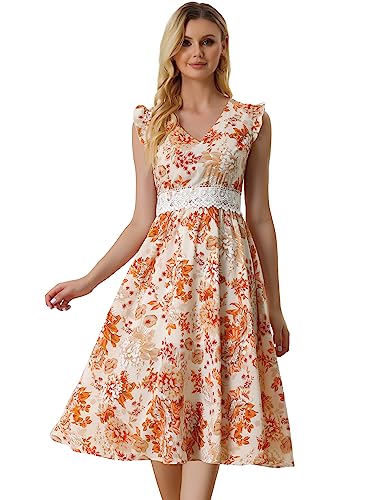 Allegra K Damen Kleid V-Ausschnitt Spitzeneinsatz Taille Midi Blumen Sommerkleid Aprikose L von Allegra K