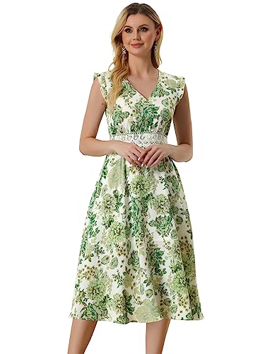 Allegra K Damen Kleid V-Ausschnitt Spitzeneinsatz Taille Midi Blumen Sommerkleid Weiß XL von Allegra K