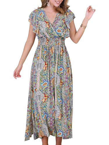 Allegra K Damen Kleid mit Rüschen Kurzärm V-Ausschnitt Elastische Taille Boho-Stil Fließend Gesmokt Langes Kleid Mehrfarbig L Allegra K Damen Kleid mit Rüschen Kurzärm V-Ausschnitt Elastische Taille Boho-Stil Fließend Gesmokt Langes Kleid Mehrfarbig L von Allegra K