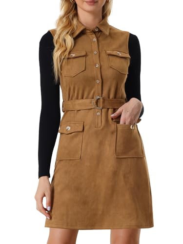 Allegra K Damen Kleid mit Taschen Ärmellos Faux Suede Revers Knopfleiste Minikleid mit Gürtel Braun M von Allegra K