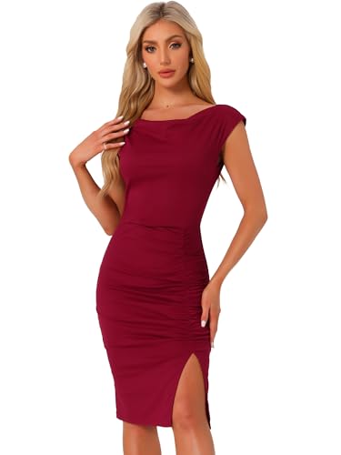 Allegra K Damen Kleider Kurzarm Gerafftes Wasserfallausschnitt Wickelkleid Weinrot XL von Allegra K