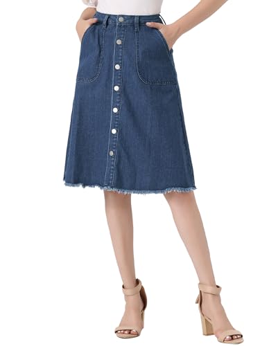 Allegra K Damen Knielang Jeansrock Ungesäumtem Saum Knopfleiste Midi Lang Denim Rock Dunkelblaue XS von Allegra K
