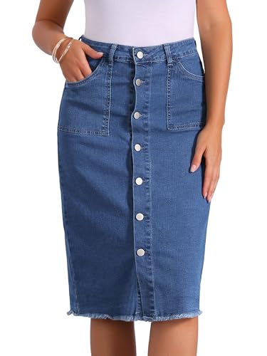 Allegra K Damen Knielang Jeansrock mit Knopfleiste Hohe Taille Ausgefranster Saum Denim Lässiger Midirock Mittelblau L Allegra K Damen Knielang Jeansrock mit Knopfleiste Hohe Taille Ausgefranster Saum Denim Lässiger Midirock Mittelblau L von Allegra K