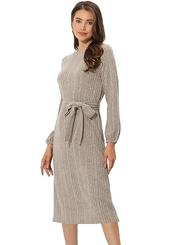 Allegra K Damen Knielanges Streifen Langarm Strick Schnürung Taille Pulloverkleid Khaki XS von Allegra K