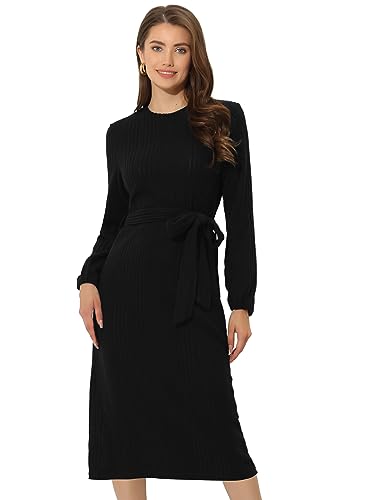 Allegra K Damen Knielanges Streifen Langarm Strick Schnürung Taille Pulloverkleid Schwarz L von Allegra K