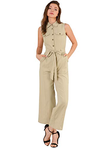 Allegra K Damen Knöchel Krawatte Taille Workwear Button Front ärmellosen Overall Khaki XS von Allegra K