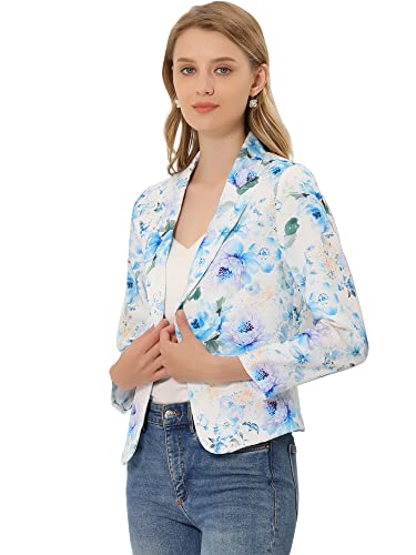 Allegra K Damen Gekerbter Kragen Offen Blazer Freizeit Jacke Büro Sakko Weiß Hellblau Blumen M von Allegra K