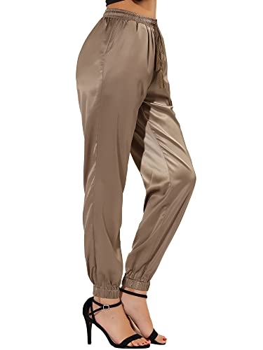 Allegra K Damen Kordelzug Elastische Taille Athleisurehose Knöchellang Satin Jogginghose mit Tasche, hautfarben, X-Klein von Allegra K