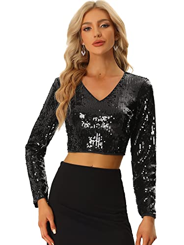 Allegra K Damen Kostüm Langarm Pailletten Crop Top V-Ausschnitt Glitzer Party Blusenshirt Bluse Schwarz XL von Allegra K