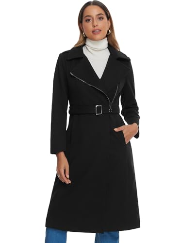 Allegra K Damen Kragen Mode Taschen Reißverschluss Winter Warm Lang Trenchcoats Mantel Schwarz XS von Allegra K