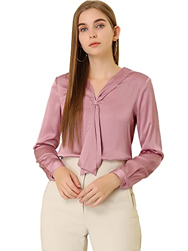 Allegra K Damen Krawatte Hals Shirt Langarm Elegante Knopf Ärmel Satin Büro Bluse Oberteil Altrosa L von Allegra K