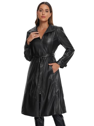 Allegra K Damen Kunstleder Lange Jacke Revers Langarm Reißverschluss Freizeitmantel Schwarz M von Allegra K