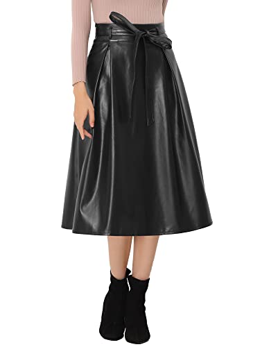 Allegra K Damen Kunstleder Rock Elastische Krawatte Taille A-Linie Elegant Midi Röcke, Schwarz , 34 von Allegra K