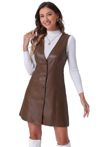 Allegra K Damen Kunstlederkleid Trägerkleid mit Knopfleiste V-Ausschnitt Ärmellos Minikleid Overall Braun S von Allegra K