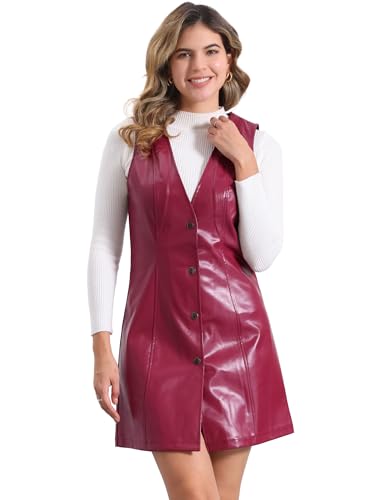 Allegra K Damen Kunstlederkleid Trägerkleid mit Knopfleiste V-Ausschnitt Ärmellos Minikleid Overall Rot XL von Allegra K