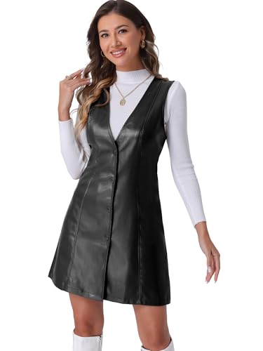 Allegra K Damen Kunstlederkleid Trägerkleid mit Knopfleiste V-Ausschnitt Ärmellos Minikleid Overall Schwarz M von Allegra K