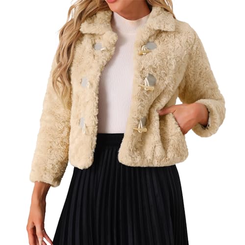 Allegra K Damen Kunstpelz Fell Jacke Revers Kurze Warm Winter-Ober Bekleidung Aprikose XS von Allegra K