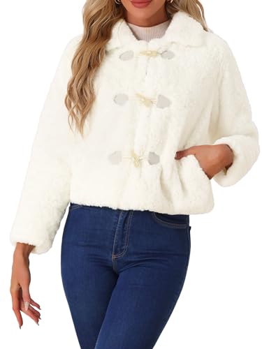 Allegra K Damen Kunstpelz Fell Jacke Revers Kurze Warm Winter-Ober Bekleidung Weiß M von Allegra K