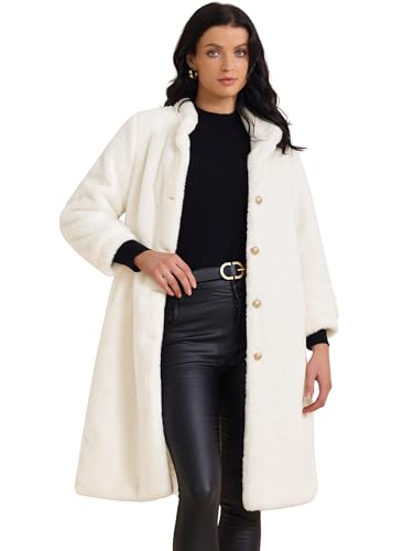 Allegra K Damen Kunstpelz Langer Mantel Button Down Langarm Winter Flauschiger Mantel Weiß M von Allegra K