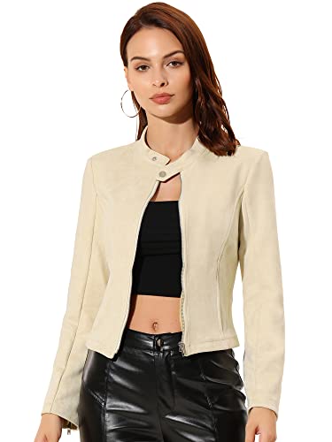 Allegra K Damen Kunstwildlederjacke Stehkragen Reißverschluss Langarm Motorrad Biker Mantel, Beige, XL von Allegra K