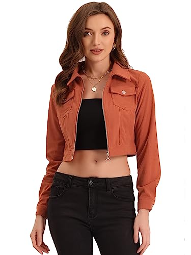 Allegra K Damen Kurz Geschnittene Cordjacke Lässig Kurz Reverskragen Reißverschluss Jacken Dunkelorange XL von Allegra K