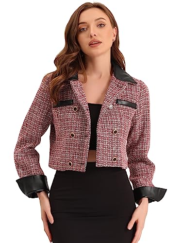 Allegra K Damen Kurz Geschnittene Tweed Jacken Zweireihig Kariert Vintage Kontrastierend Reverskragen Blazer Rot XL von Allegra K