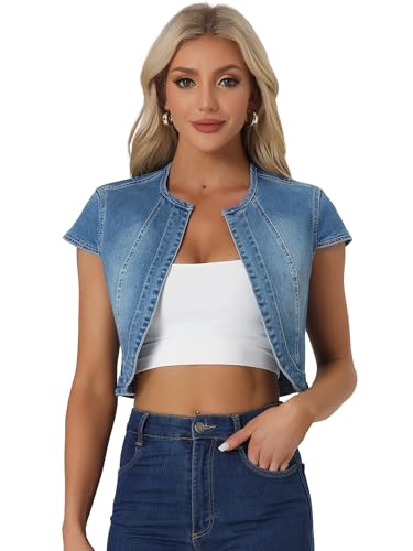 Allegra K Damen Kurz Jeansjacke Bolero Kurzarm Flügelärmeln Cardigan Elegant Crop Denim Jacke Blaue L von Allegra K