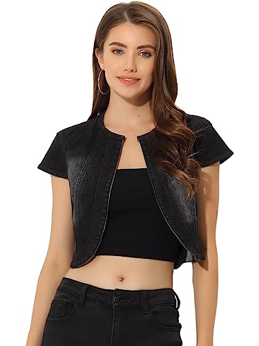 Allegra K Damen Kurz Jeansjacke Bolero Kurzarm Flügelärmeln Elegant Crop Denim Jacke Schwarz L von Allegra K