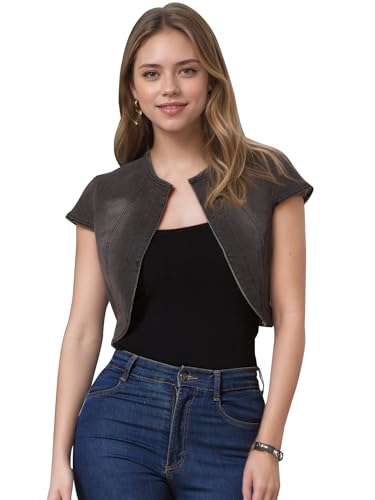 Allegra K Damen Kurz Jeansjacke Bolero Kurzarm Flügelärmeln Elegant Crop Denim Jacke Dunkelgrau L von Allegra K