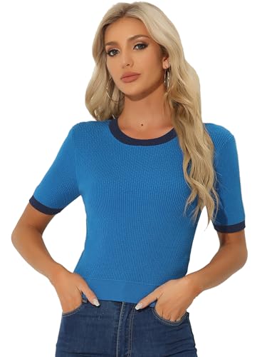 Allegra K Damen Kurzärm Rundhals Pullover Elegant Strick Sommer Oberteile mit Farbblockmuster Blau XL von Allegra K