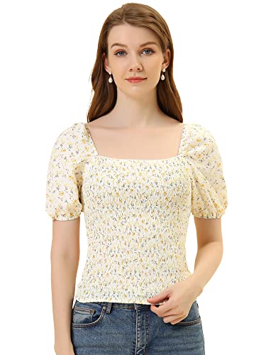 Allegra K Damen Kurzärmliges Top Gesmoktes Blumenmuster und Quadratischem Ausschnitt Crop Blusen Weiß S von Allegra K