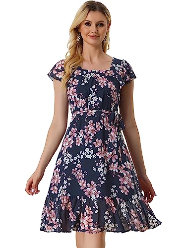 Allegra K Damen Kurzarm A-Linie Eckiger Ausschnitt Rüschen Blumen Midikleid Sommer Kleid Dunkelblaue XS von Allegra K