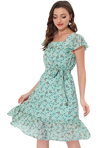 Allegra K Damen Kurzarm A-Linie Eckiger Ausschnitt Rüschen Blumen Midikleid Sommer Kleid Grün XL von Allegra K