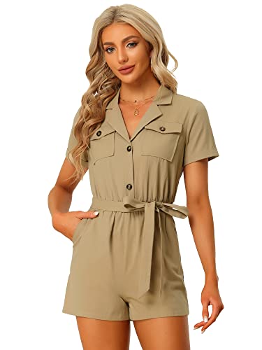 Allegra K Damen Kurzarm Bindegürtel Cargo mit Taschen Overall Jumpsuit Khaki L von Allegra K