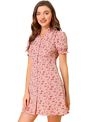 Allegra K Damen Kurzarm Blumen Rüschen V-Ausschnitt Puffärmel Chiffon Minikleid Kleid Rosa XL von Allegra K