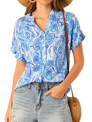 Allegra K Damen Kurzarm Bluse Blumen Hemd Knopfleiste Schlitz V-Ausschnitt Sommer Casual Top Blau XS von Allegra K