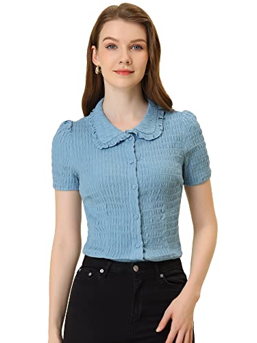 Allegra K Damen Kurzarm Bubikragen Button Rüschen Shirt Bluse Grau Blau S von Allegra K