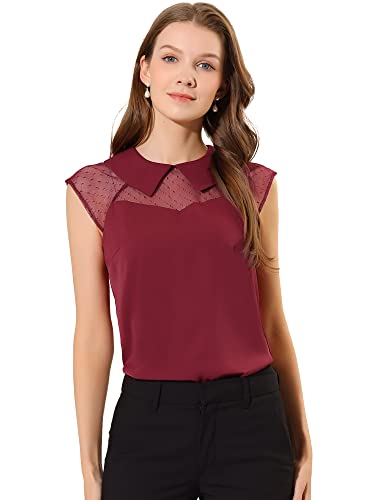 Allegra K Damen Kurzarm Bubikragen Durchsichtig Panel Mesh Top Shirt Dunkelrot XS von Allegra K