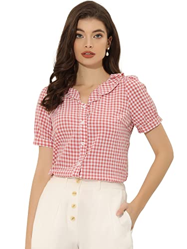 Allegra K Damen Kurzarm Bubikragen Kariert Puffärmeln Hemdoberteil Top Shirt Rosa M von Allegra K