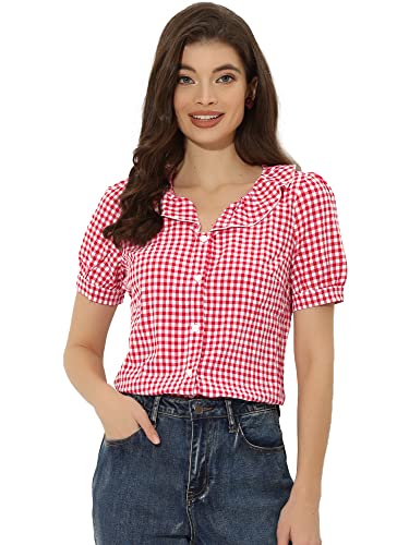 Allegra K Damen Kurzarm Bubikragen Kariert Puffärmeln Hemdoberteil Top Shirt Rot 3XL von Allegra K