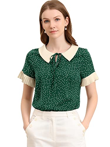 Allegra K Damen Bubikragen Bluse Shirt Kurzarm Polka Dots Punkte Top Oberteil Dunkelgrün L von Allegra K