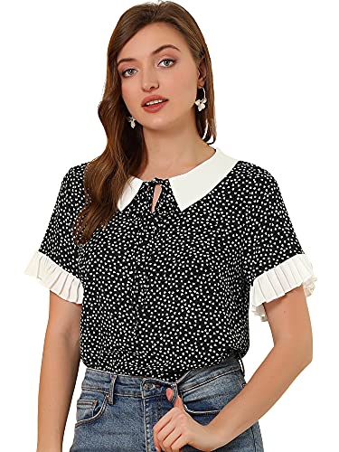 Allegra K Damen Bubikragen Bluse Shirt Kurzarm Polka Dots Punkte Top Oberteil Schwarzes Herz XL von Allegra K