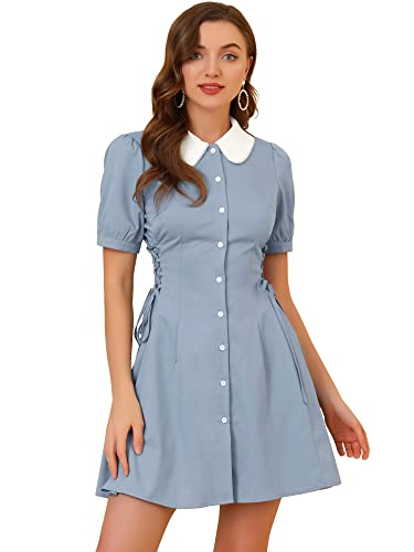 Allegra K Damen Kurzarm Bubikragen Vintage Kontrast Knöpfen Schnürkleid Minikleid Kleid Blau M von Allegra K