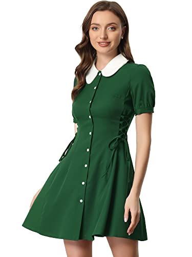 Allegra K Damen Kurzarm Bubikragen Vintage Kontrast Knöpfen Schnürkleid Minikleid Kleid Grün XL von Allegra K