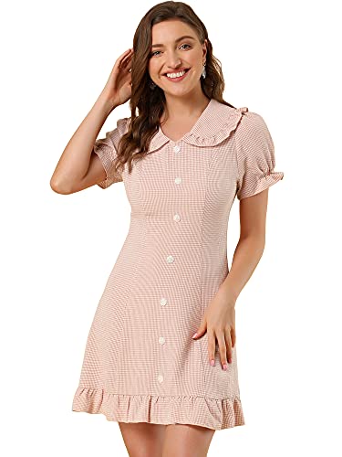 Allegra K Damen Kurzarm Bubiragen Rüschen Kariert Shirtkleid Kleid Rosa Weiß M von Allegra K